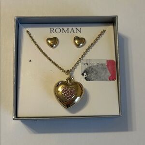 Roaman's Gold Heart Necklace Set with Pink Detail